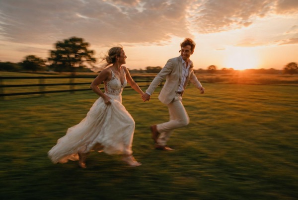 Bride and groom running at sunset, Tampa wedding film